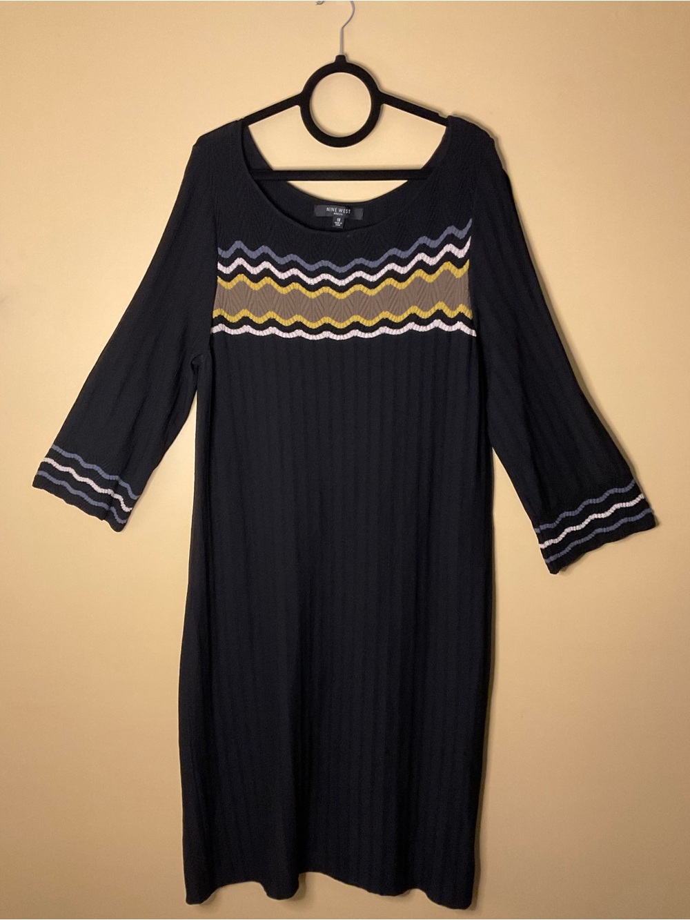 Nine West Black Ribbed Knit Dress with Wave Trim